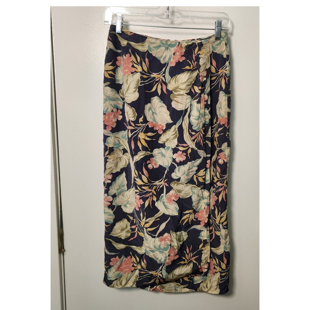 Vintage Chaus 100% Silk Blue Faux Wrap Tropical Midi Skirt Sz 4 Lined Zip Floral